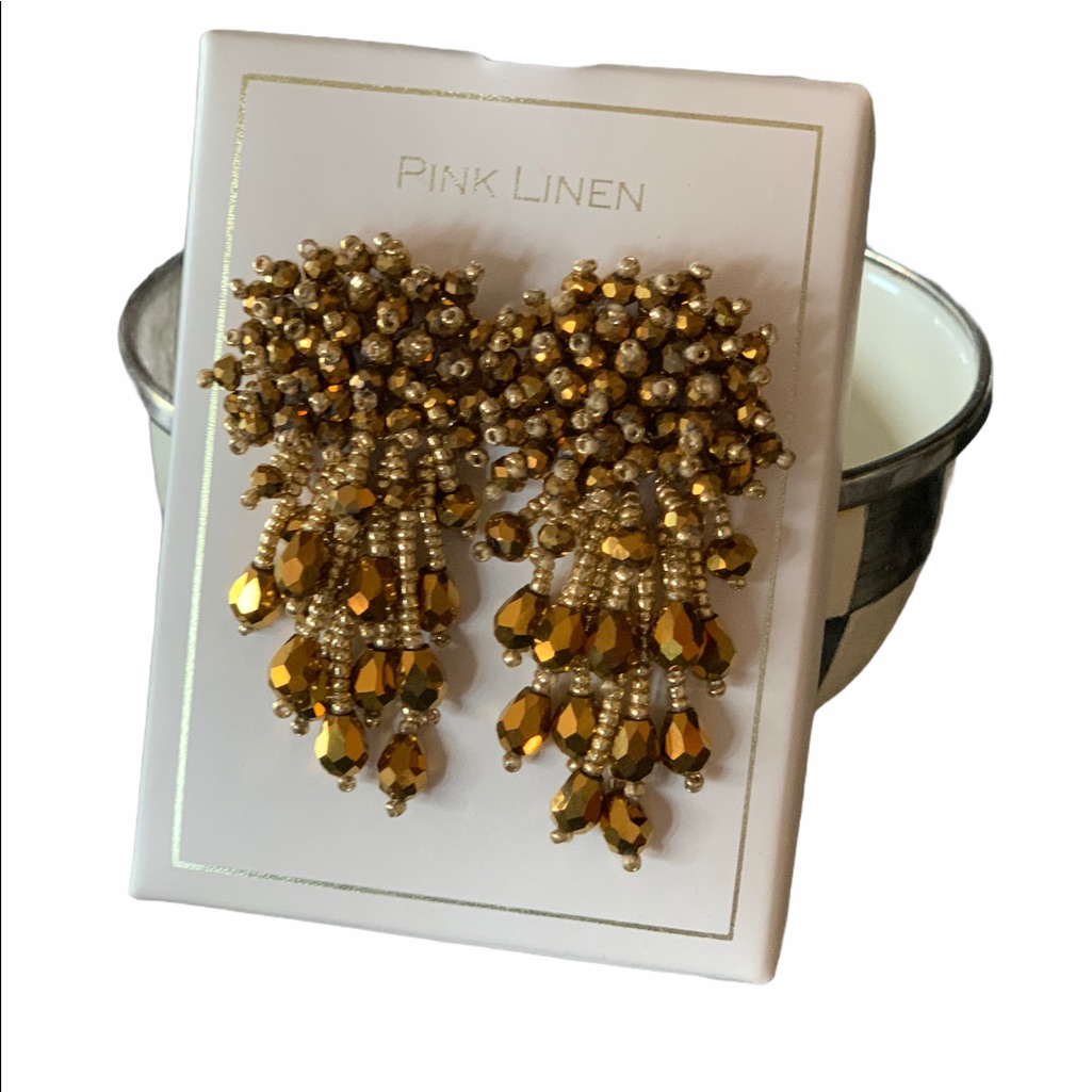 Nib Pink Linen Beaded Cascade Gold Earrings 18$
